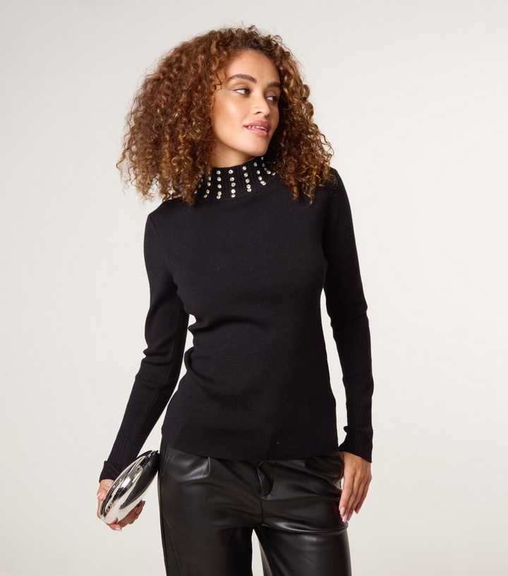 Blue Vanilla Black Rib Diamanté Neck Jumper