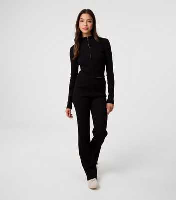 Pink Vanilla Black Ribbed Zip Up Top and Flared Trousers Set
