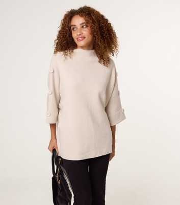 Blue Vanilla Oatmeal Cropped Sleeve Button Detail Jumper