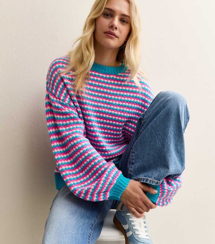 Sunshine Soul Blue and Pink Striped Crew Neck Jumper