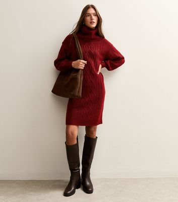 Sunshine Soul Dark Red Cable Knit Roll Neck Mini Dress | New Look Sunshine Soul Dark Red Cable Knit Roll Neck Mini Dress | New Look