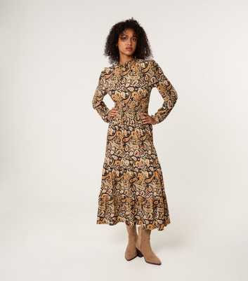 Blue Vanilla Khaki Paisley Print High Neck Midi Dress
