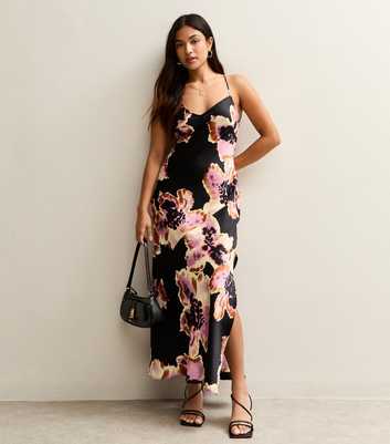 Petite Black Satin Floral Print Low Back Maxi Dress