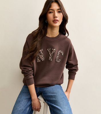 Dark Brown NYC Leopard Print Logo Sweatshirt | New Look