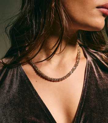 Gold Tone Chunky Rope Chain Diamante Embellished Necklace
