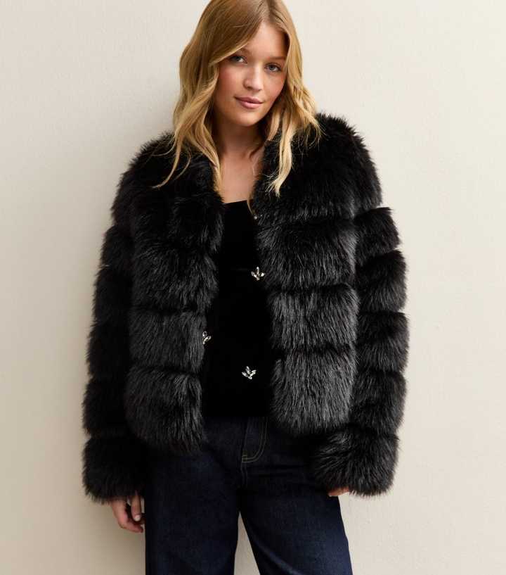 Black Panelled Faux Fur Jacket