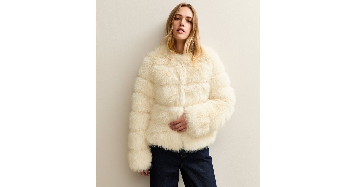 Off White Panelled Faux Fur Jacket New Look - Main Image