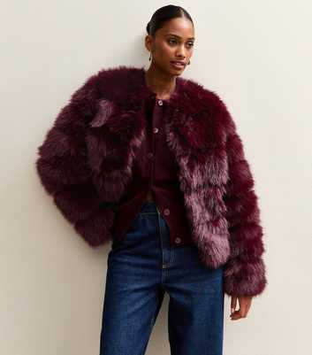 Dark Burgundy Panelled Faux Fur Jacket