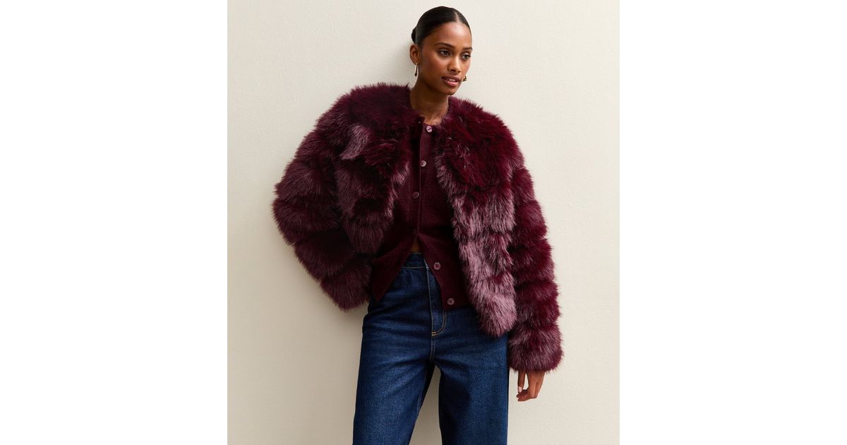 Dark Burgundy Panelled Faux Fur Jacket New Look