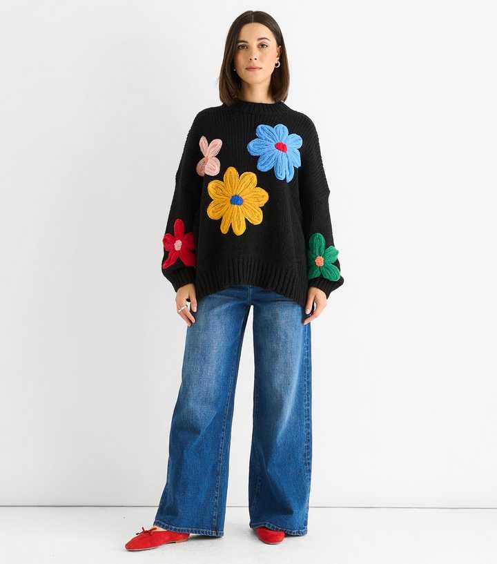 Gini London Black Floral Crochet Chunky Knit Jumper