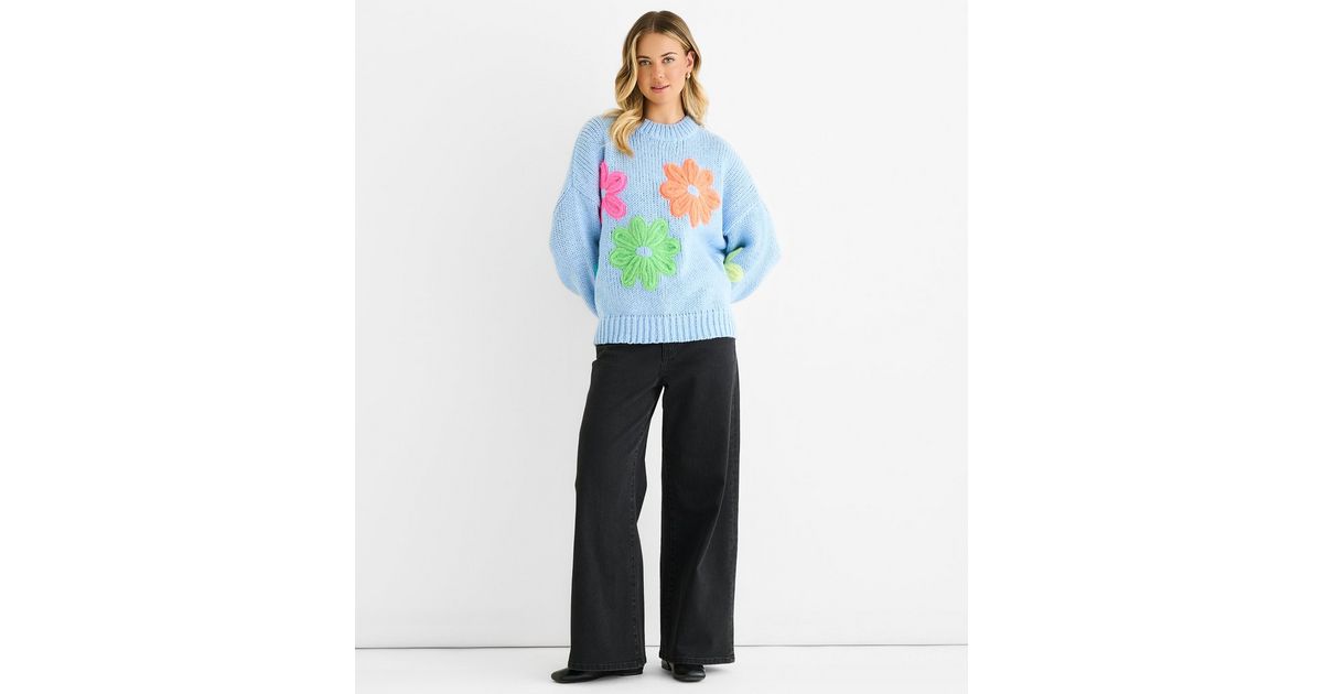 Gini London Blue Contrast Floral Applique Jumper | New Look
