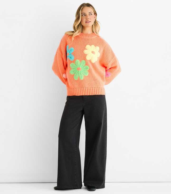 Gini London Petite Orange Contrast Floral Applique Jumper