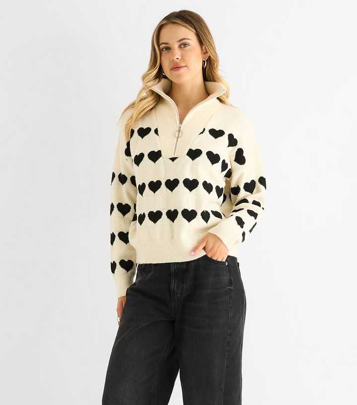 Gini London Cream Heart Pattern Zip Up Loose Fit Knitted Jumper