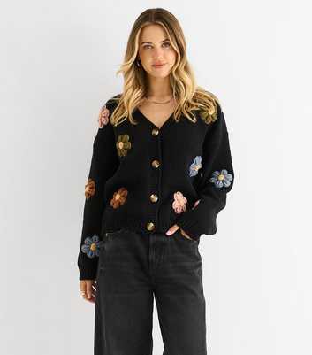 Gini London Black Contrast Floral Applique Cardigan