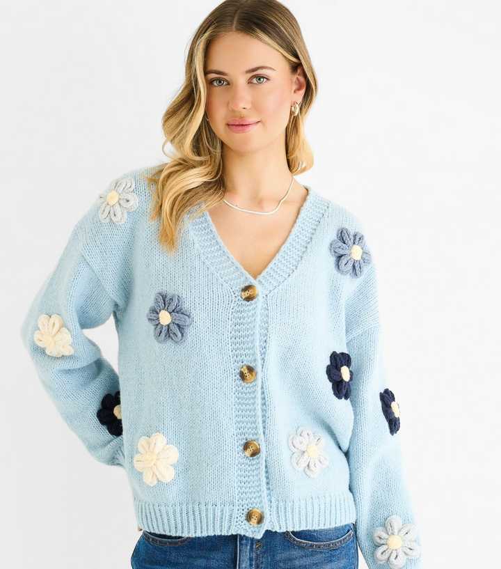 Gini London Blue Floral Crochet Cardigan New Look