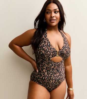 Curves Brown Animal Print Halter Neck Swimsuit