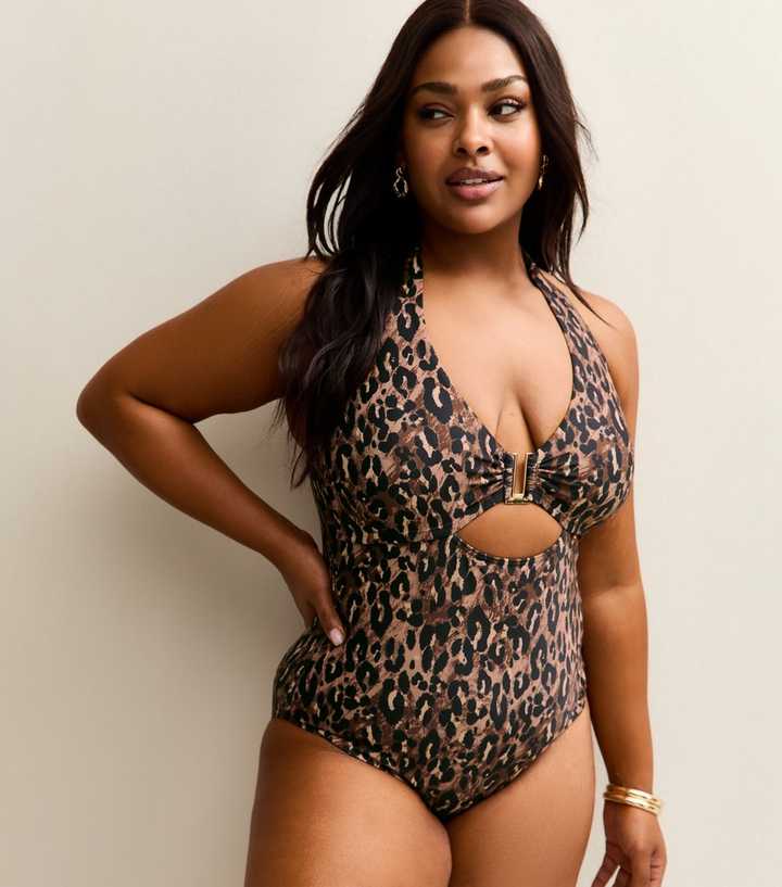 Curves Brown Animal Print Halter Neck Swimsuit