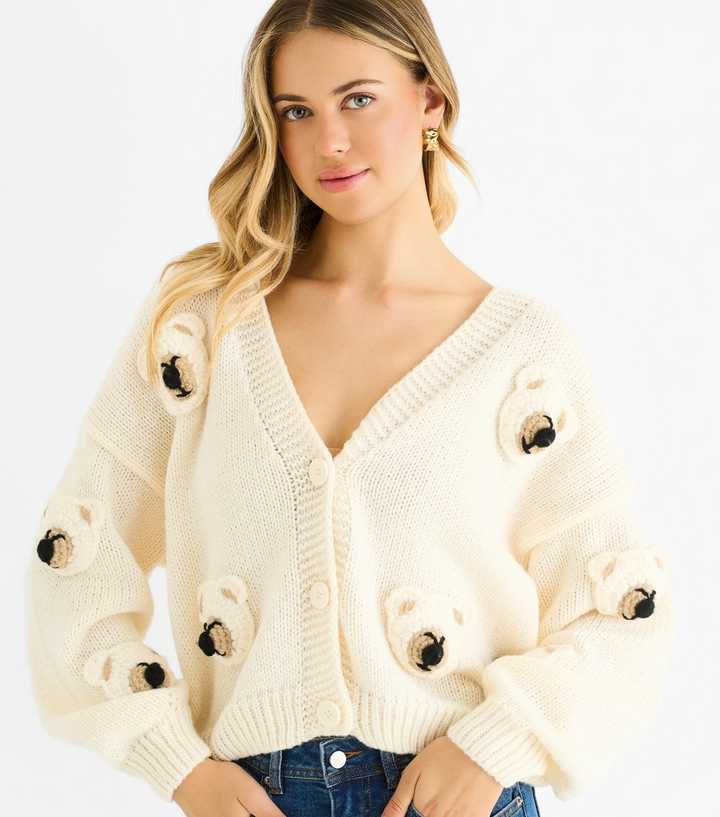 Gini London Cream Contrast Teddy Crochet Cardigan