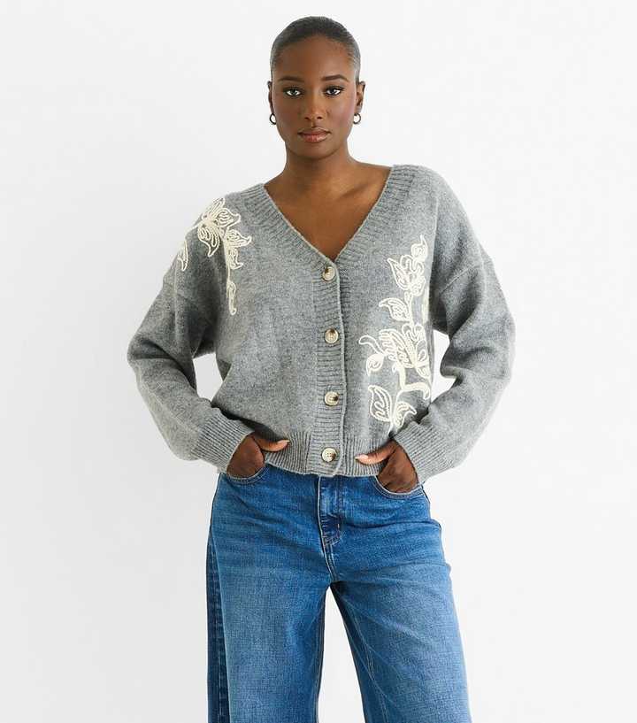 Gini London Grey Floral Embroidered Cardigan
