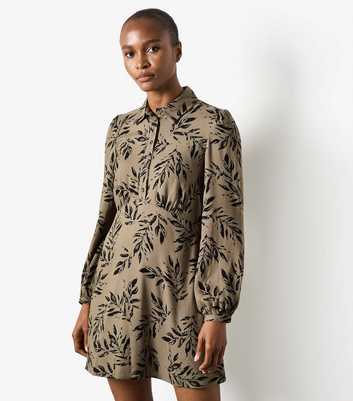 Apricot Khaki Leaf Print Buttoned Mini Dress