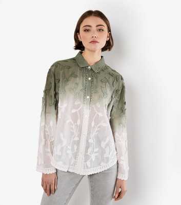 Apricot Khaki Gradient Effect Floral Embroidered Shirt 