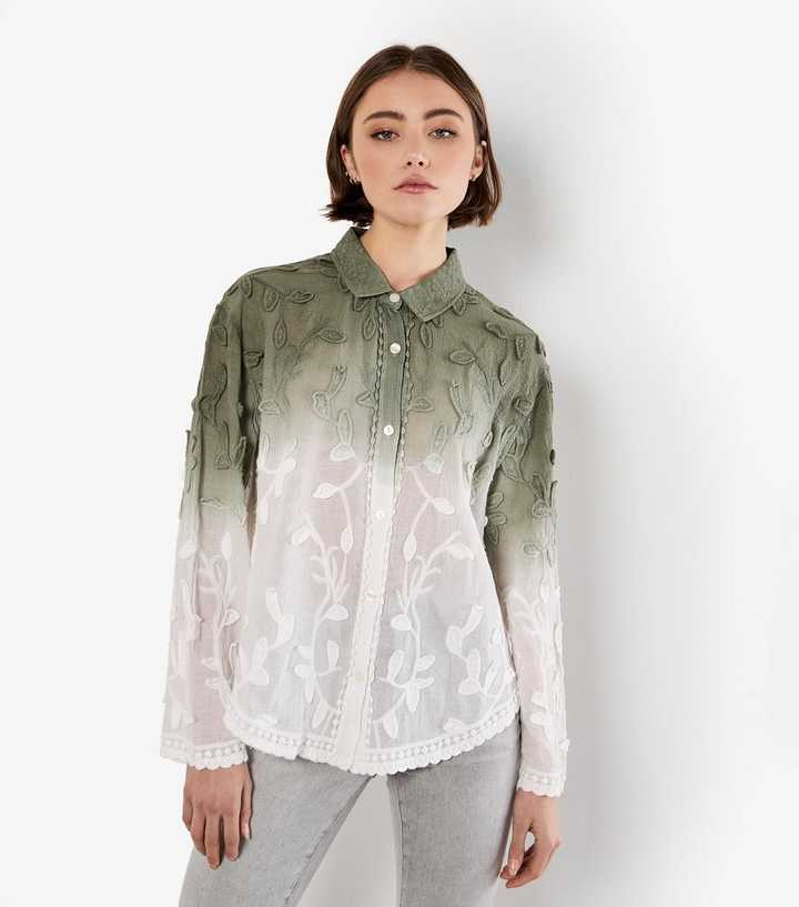 Apricot Khaki Gradient Effect Floral Embroidered Shirt 