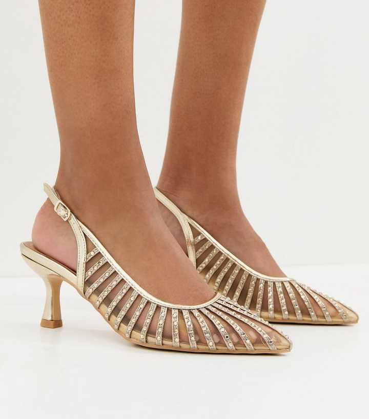 Wide Fit Gold Bling Mesh Slingback Court Shoes