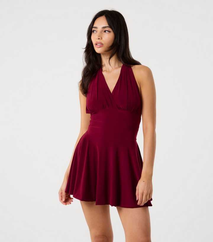 Pink Vanilla Burgundy Slinky Halterneck Mini Dress