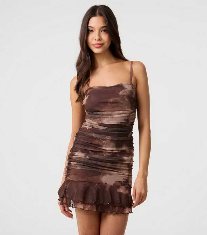 Pink Vanilla Brown Floral Mesh Mini Dress