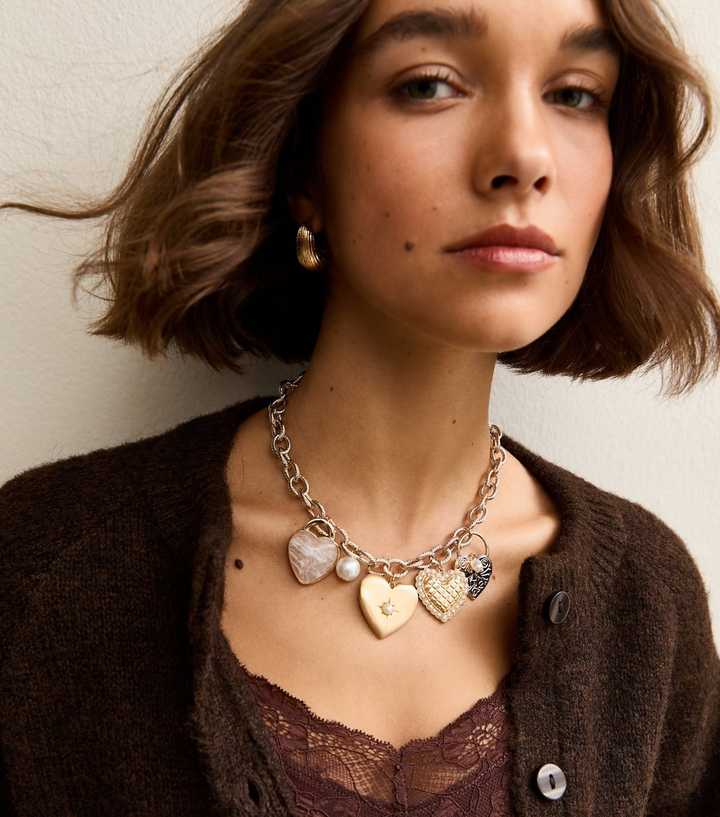 Gold Tone Rope Chain Multi Heart Charm Necklace