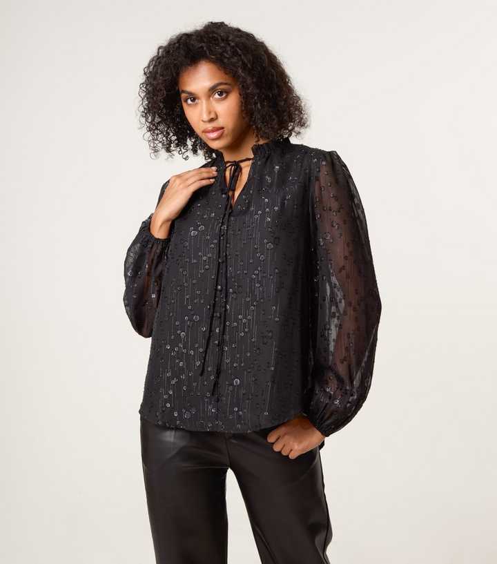 Blue Vanilla Black Sheer Patterned Tie Neck Blouse
