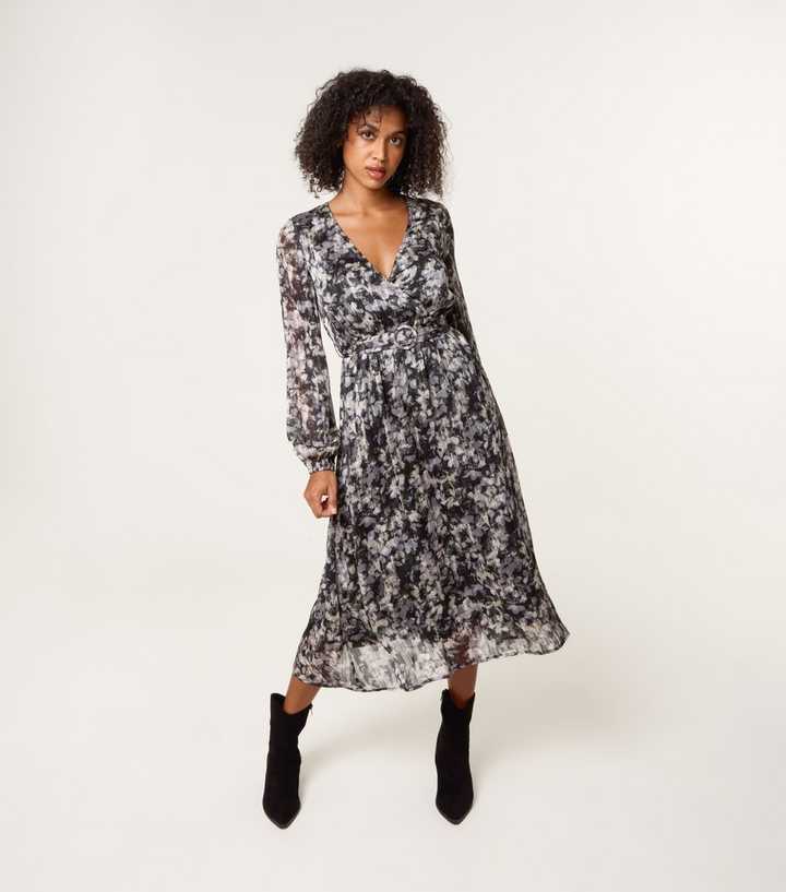 Blue Vanilla Black Floral Belted Midi Dress