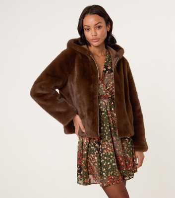 Blue Vanilla Brown Faux Fur Hooded Jacket