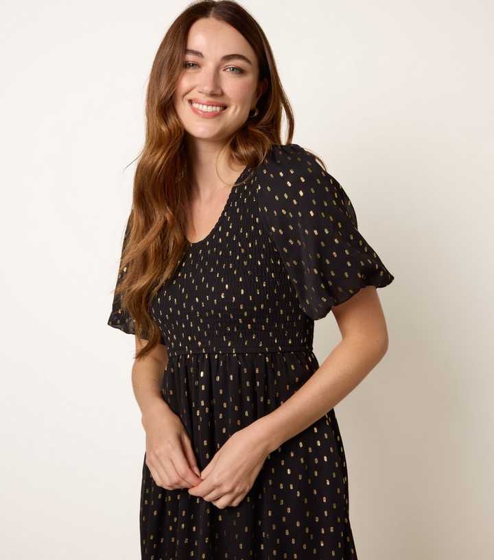 Blue Vanilla Black and Gold Foil Midi Dress | New Look