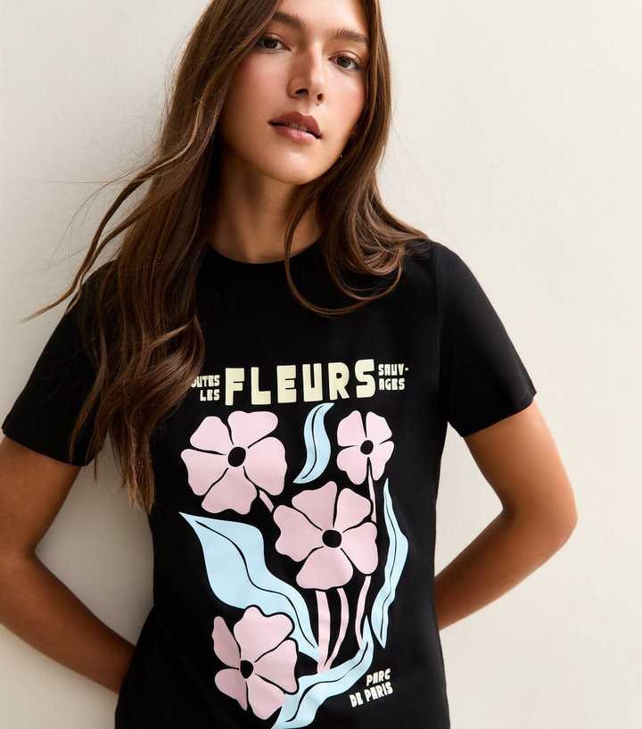 T-shirt New Look Fille – Noir Floral – Taille 12-13 Ans – Manches Courtes – Coton