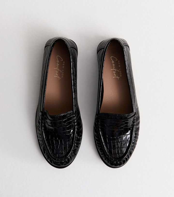 Black Faux Leather Croc Embossed Penny Loafers