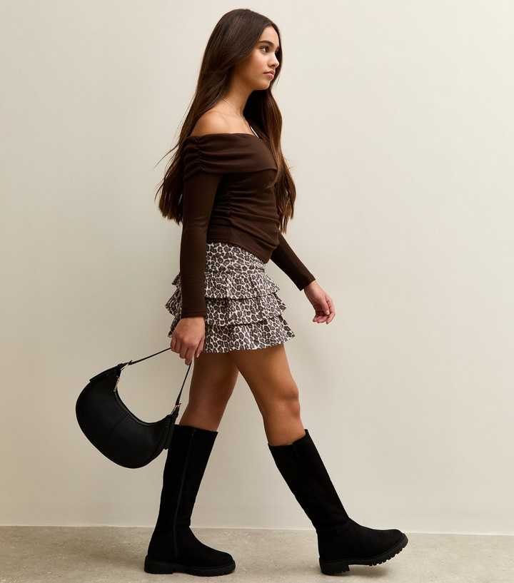 Girls Brown Leopard Print Jersey Rara Skort