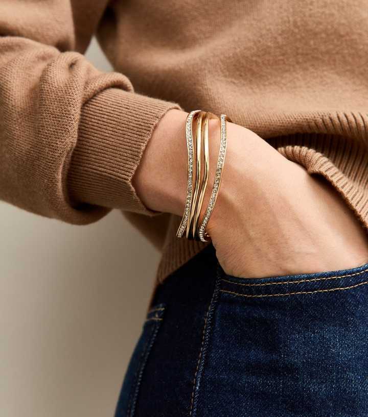 Pack of 4 Gold Tone Diamante Curve Bangles