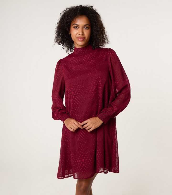 Blue Vanilla Light Burgundy Patterned Long Sleeve Mini Dress New