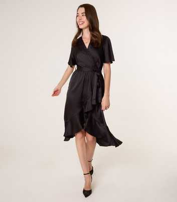Blue Vanilla Black Satin Frilly Trim Wrap Midi Dress