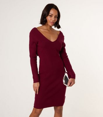 Blue Vanilla Burgundy Knit Bow Back V-Neck Mini Dress