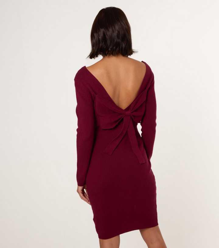 Blue Vanilla Burgundy Knit Bow Back V-Neck Mini Dress