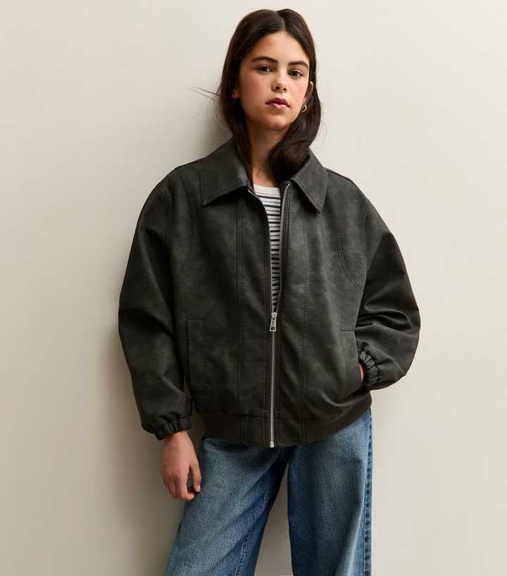 Girls Grey Faux Leather Jacket
