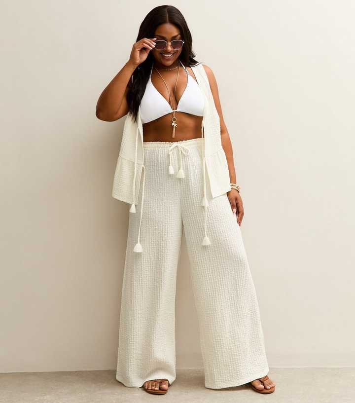 Curves Off White Textured Beach Trousers