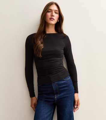 Black Slash Neck Ruched Long Sleeve Top