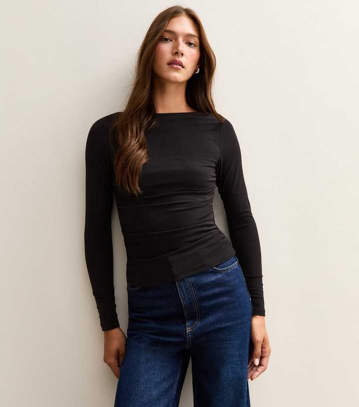 Black Slash Neck Ruched Long Sleeve Top