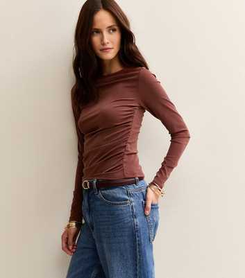Dark Brown Slash Neck Ruched Long Sleeve Top