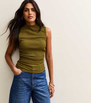 Green Textured Jersey Ruched Tank Top