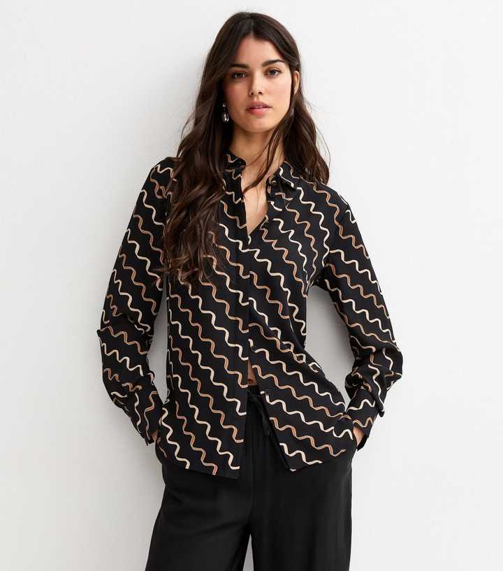 Black and Brown Ribbons Gold Button Shirt | New Look Black and Brown Ribbons Gold Button Shirt | New Look