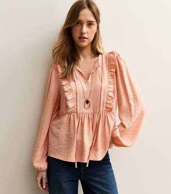 Pink Ruffle Tie Neck Long Sleeve Blouse